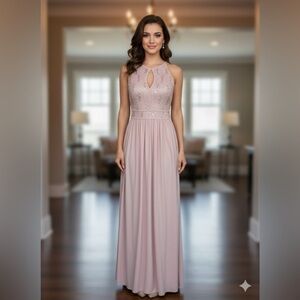 Nightway Blush Pink Lace Sequin Evening Gown Size 4 Keyhole Maxi Dress